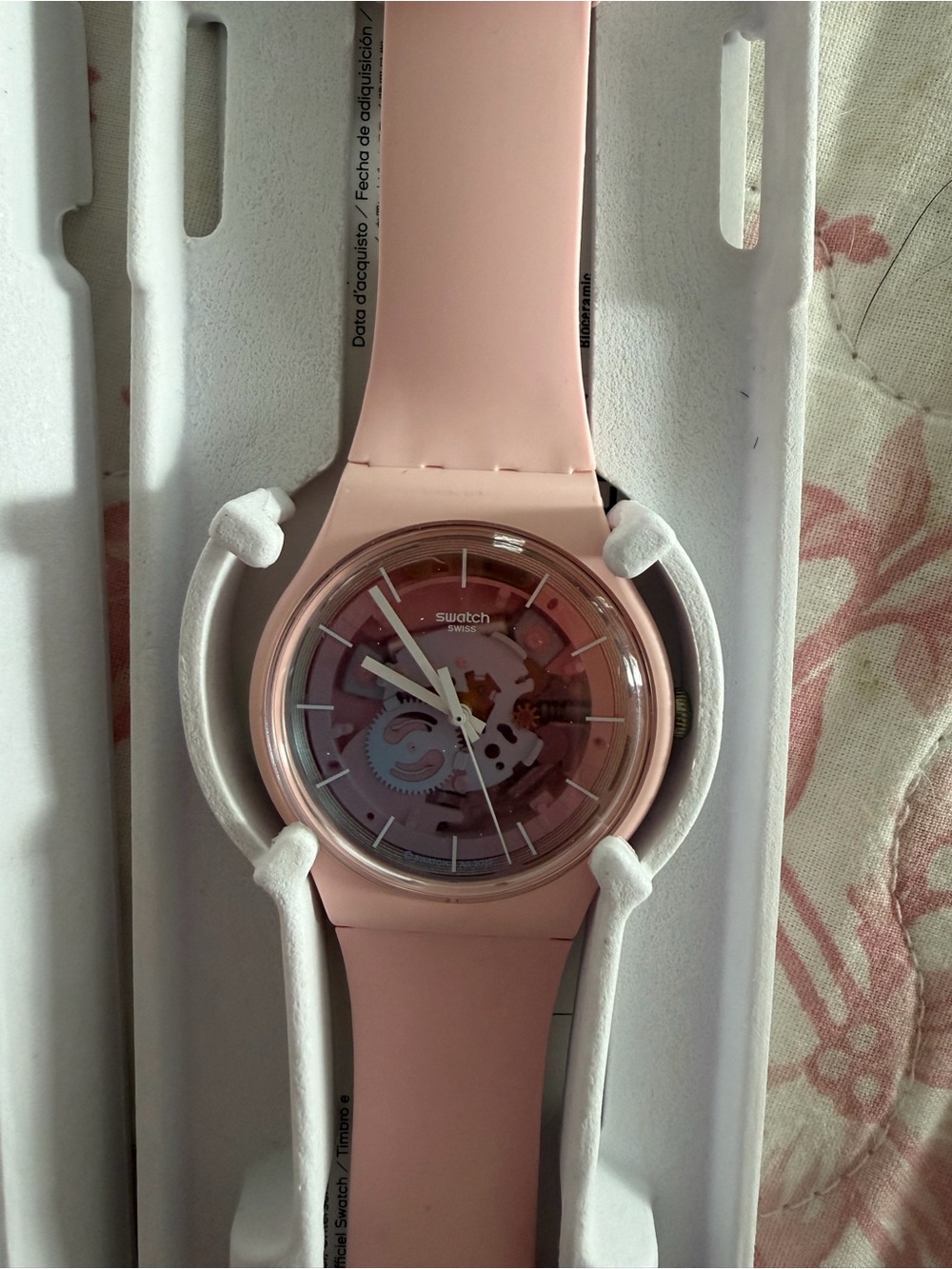 Swatch Pink Transparent Dial Silicone Strap Watch